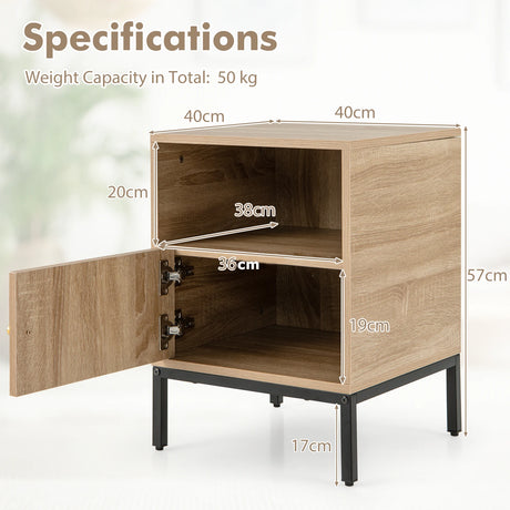 Home Boho Style Accent Table with Open Shelf and 1 Door Cabinet-Natural