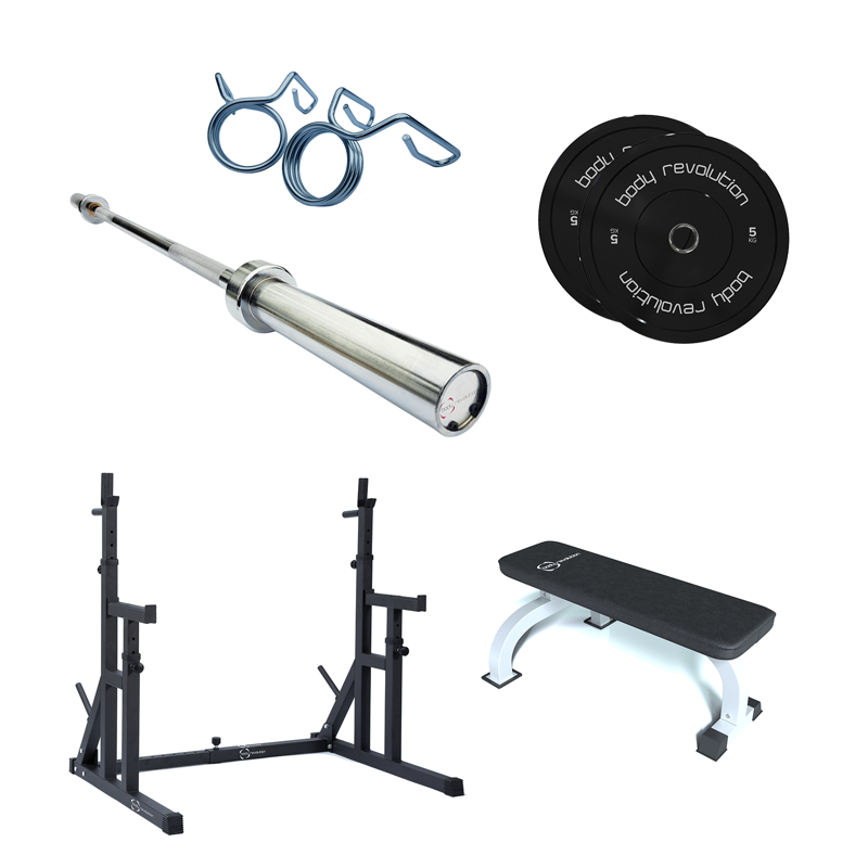 Adjustable Squat Rack with Weight Plate Storage & Heavy-Duty Padded Bench - 250kg Capacity  Squat Rack + Flat Bench + 7ft Bar + 5kg Pair Blk Bumpers