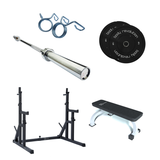 Adjustable Squat Rack with Weight Plate Storage & Heavy-Duty Padded Bench - 250kg Capacity  Squat Rack + Flat Bench + 7ft Bar + 5kg + 10kg Pair Blk Bumpers