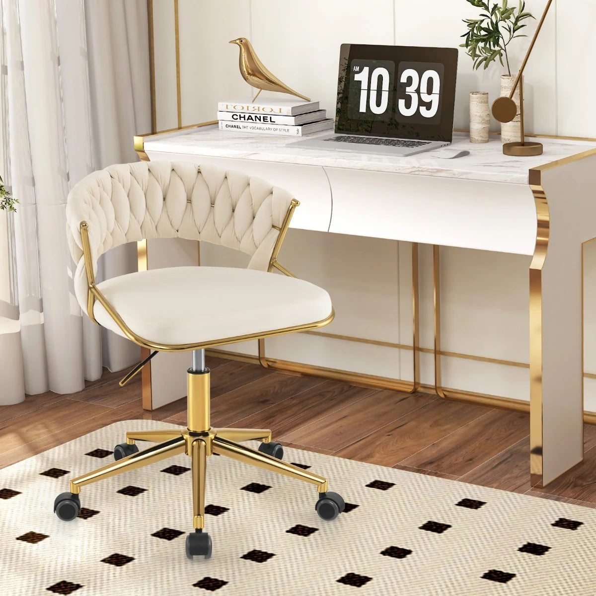 360 Height Adjustable Swivel Upholstered Desk Computer Chair with Hand-woven Back-Beige