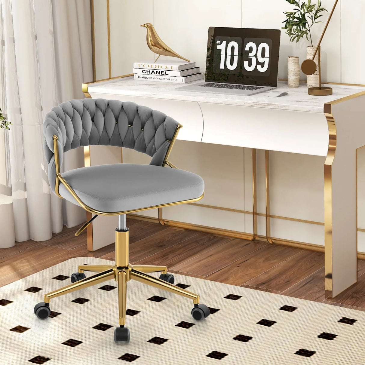 360 Height Adjustable Swivel Upholstered Desk Computer Chair with Hand-woven Back-Gray