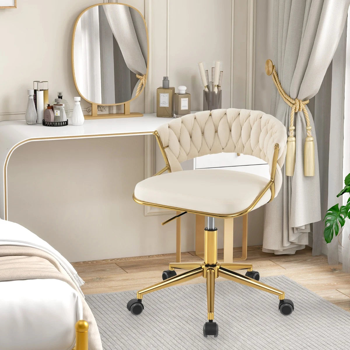360 Height Adjustable Swivel Upholstered Desk Computer Chair with Hand-woven Back-Beige