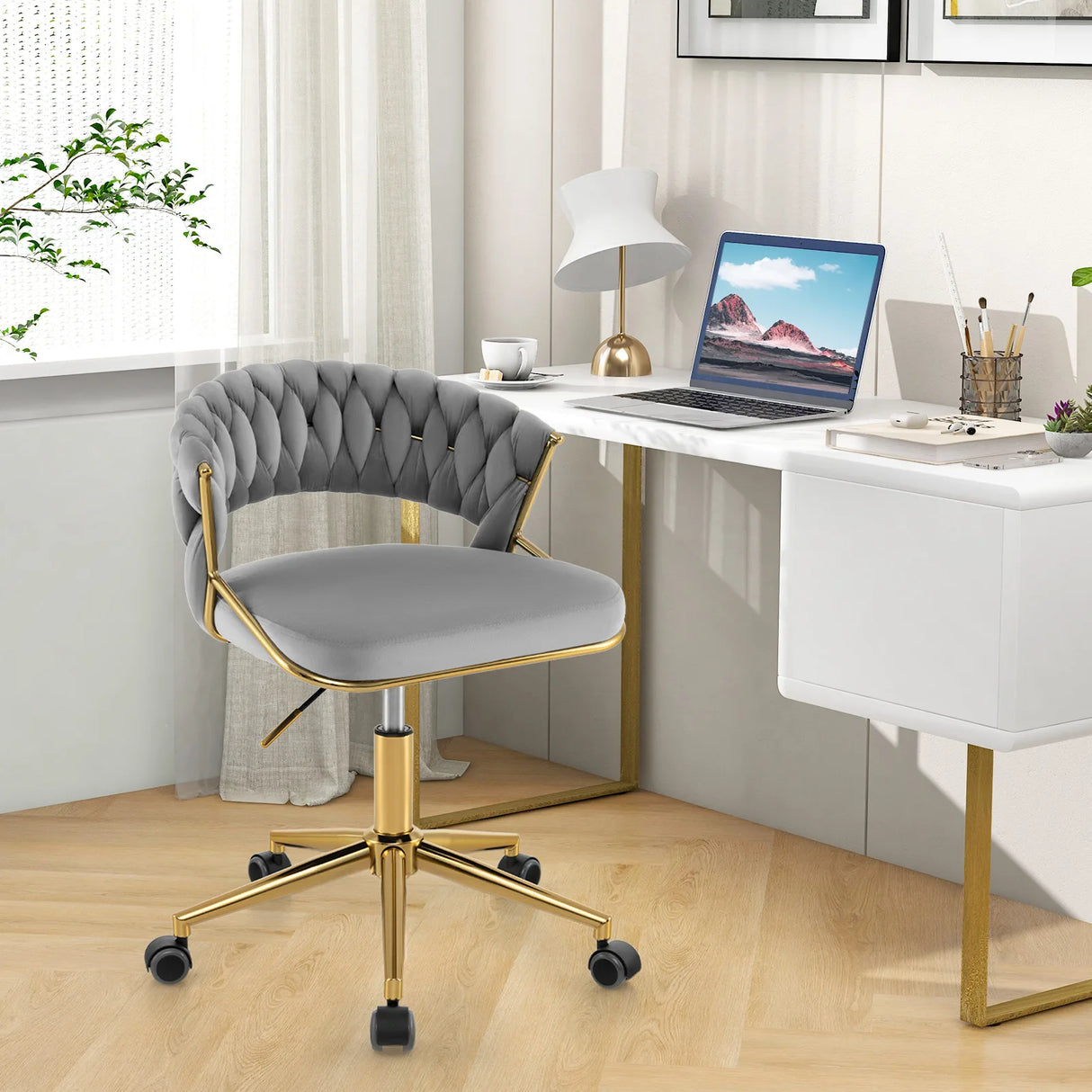 360 Height Adjustable Swivel Upholstered Desk Computer Chair with Hand-woven Back-Gray