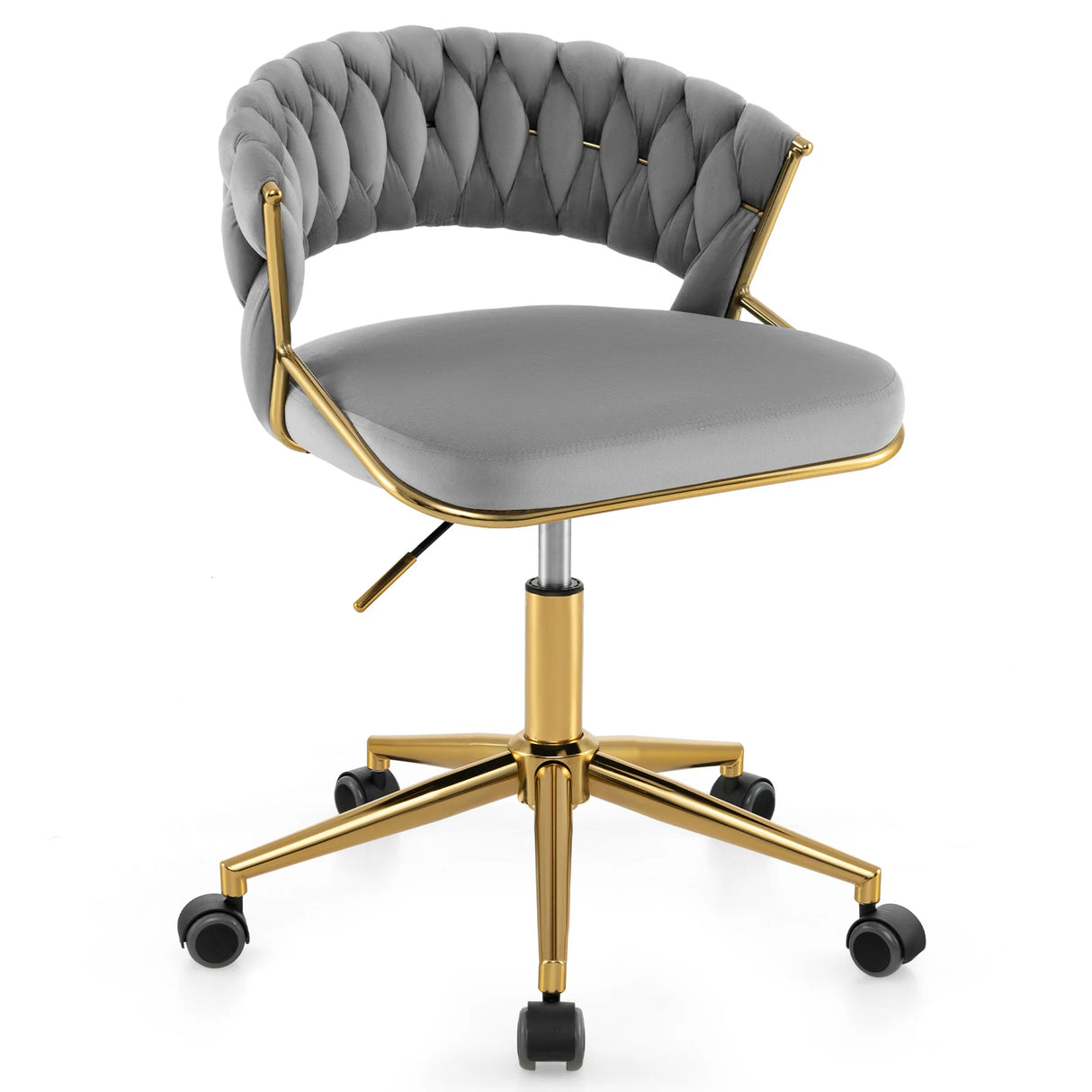 360 Height Adjustable Swivel Upholstered Desk Computer Chair with Hand-woven Back-Gray