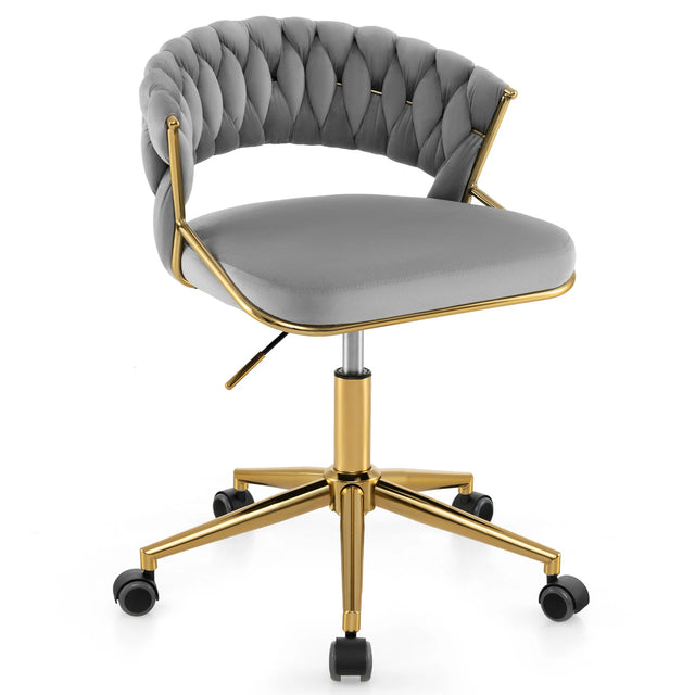 360 Height Adjustable Swivel Upholstered Desk Computer Chair with Hand-woven Back-Gray