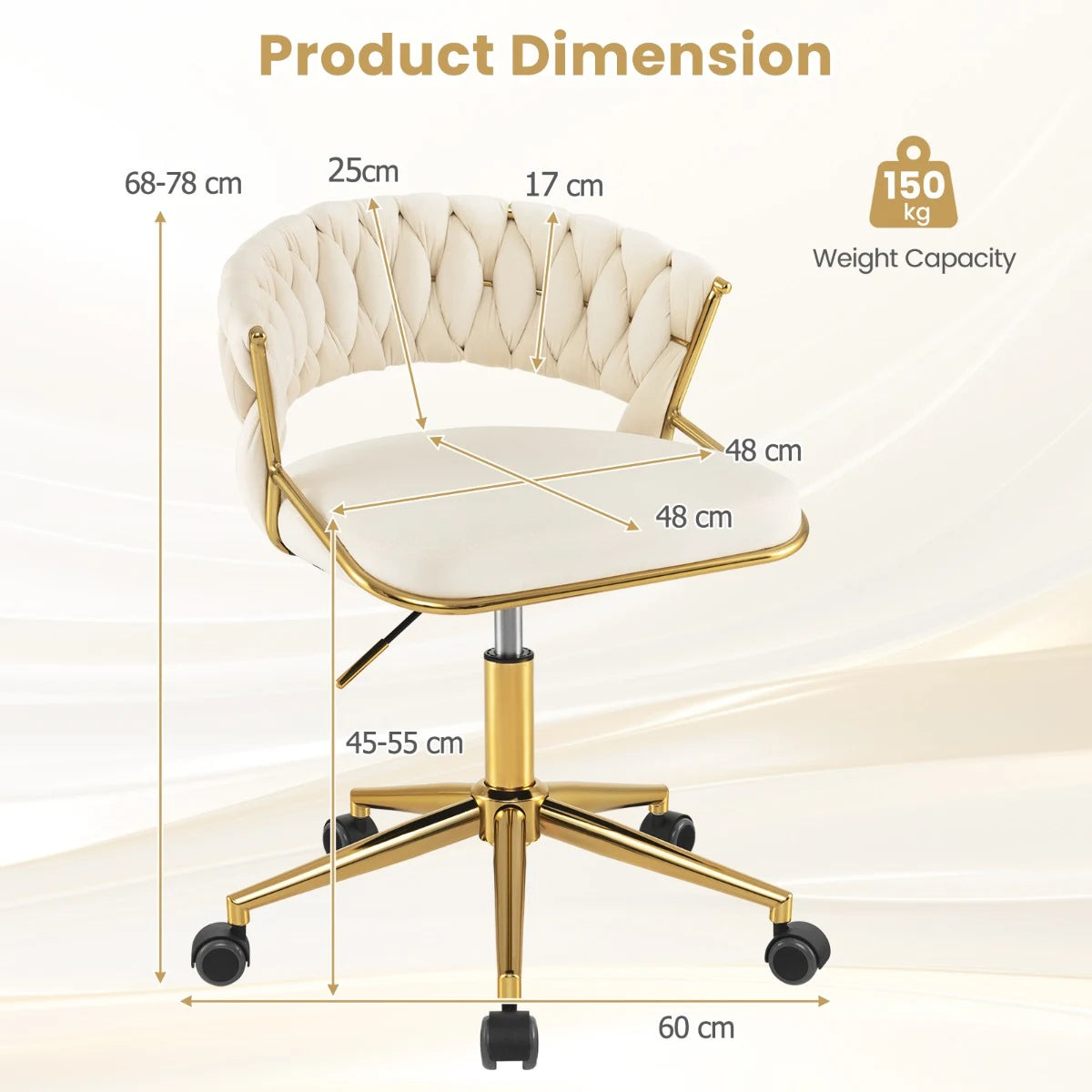 360 Height Adjustable Swivel Upholstered Desk Computer Chair with Hand-woven Back-Beige