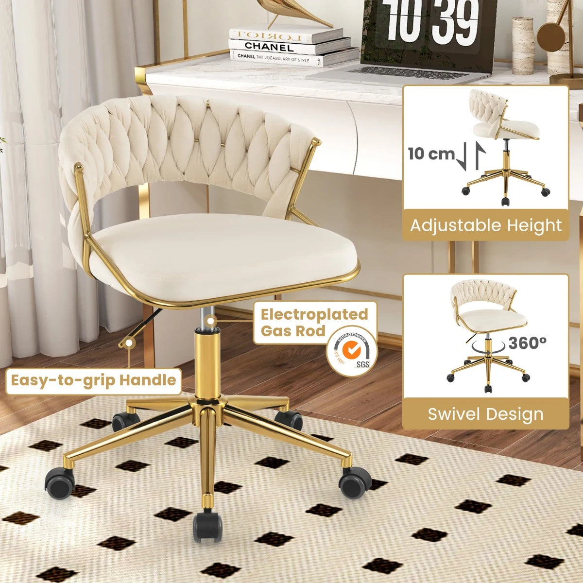 360 Height Adjustable Swivel Upholstered Desk Computer Chair with Hand-woven Back-Beige