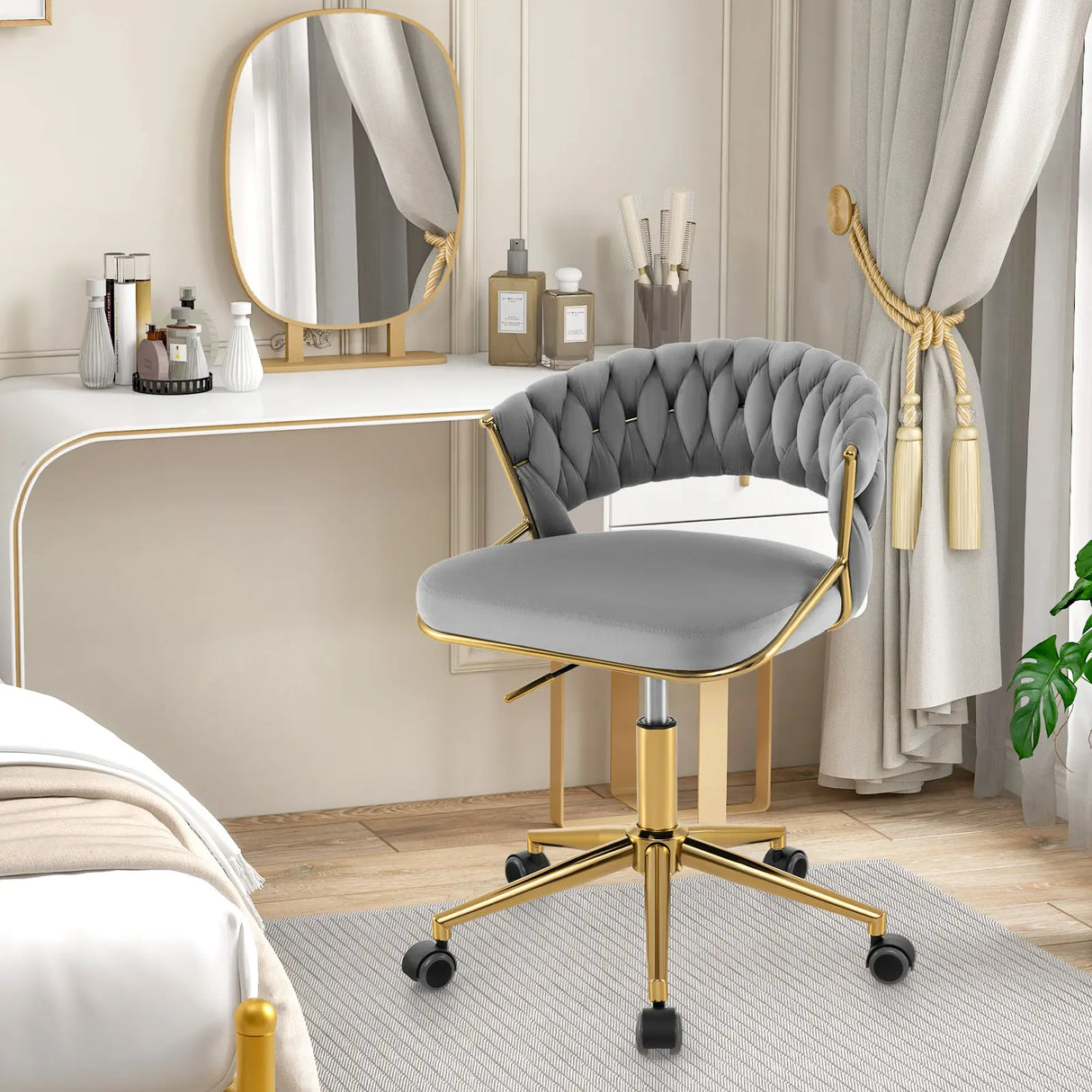 360 Height Adjustable Swivel Upholstered Desk Computer Chair with Hand-woven Back-Gray