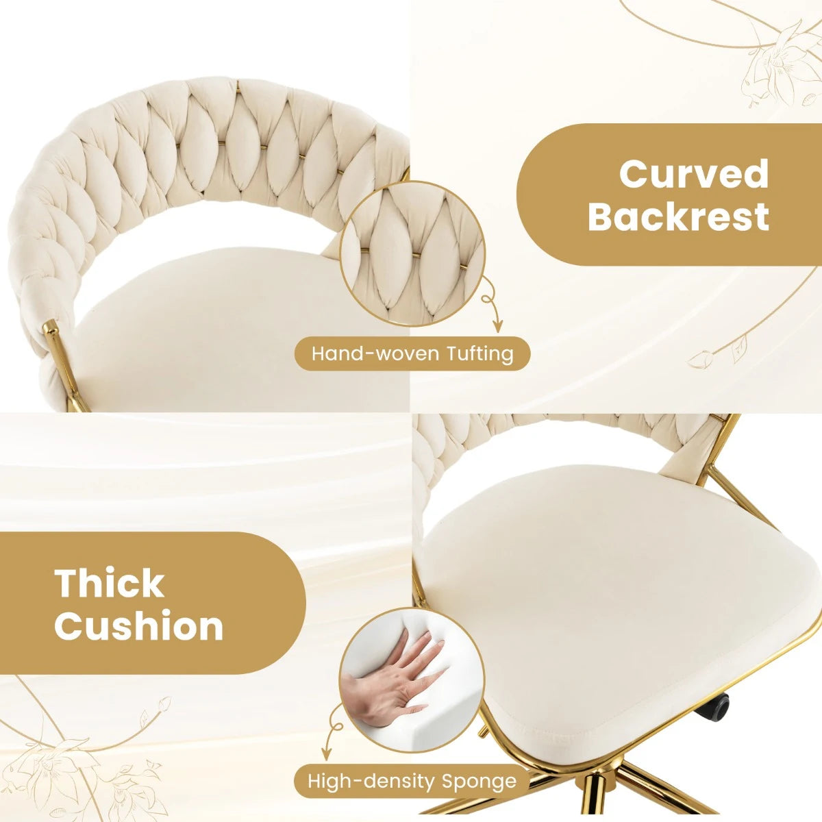 360 Height Adjustable Swivel Upholstered Desk Computer Chair with Hand-woven Back-Beige