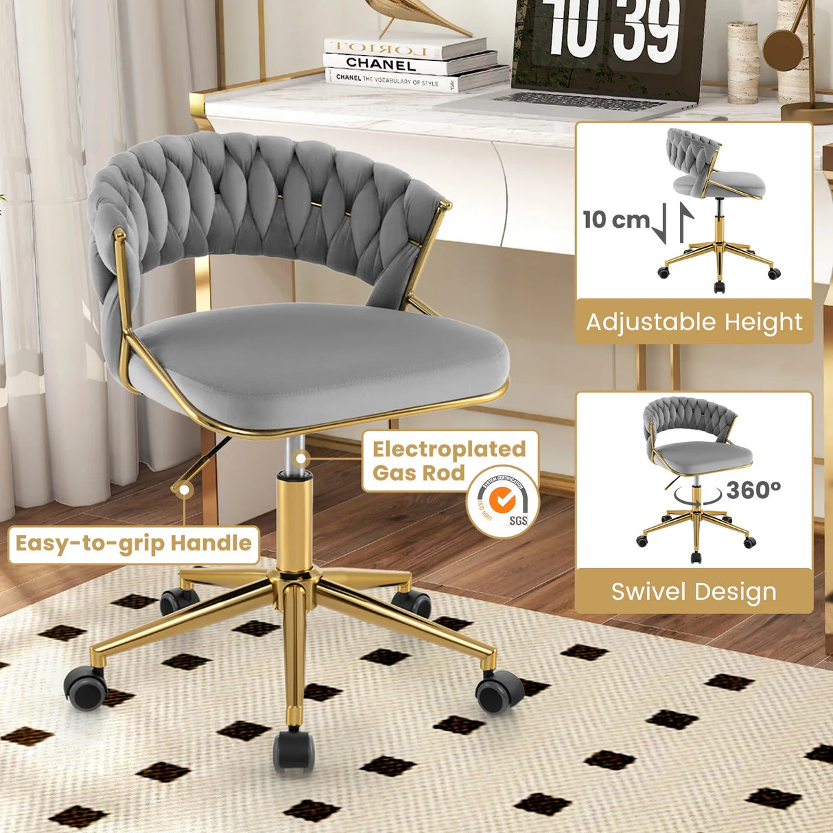 360 Height Adjustable Swivel Upholstered Desk Computer Chair with Hand-woven Back-Gray