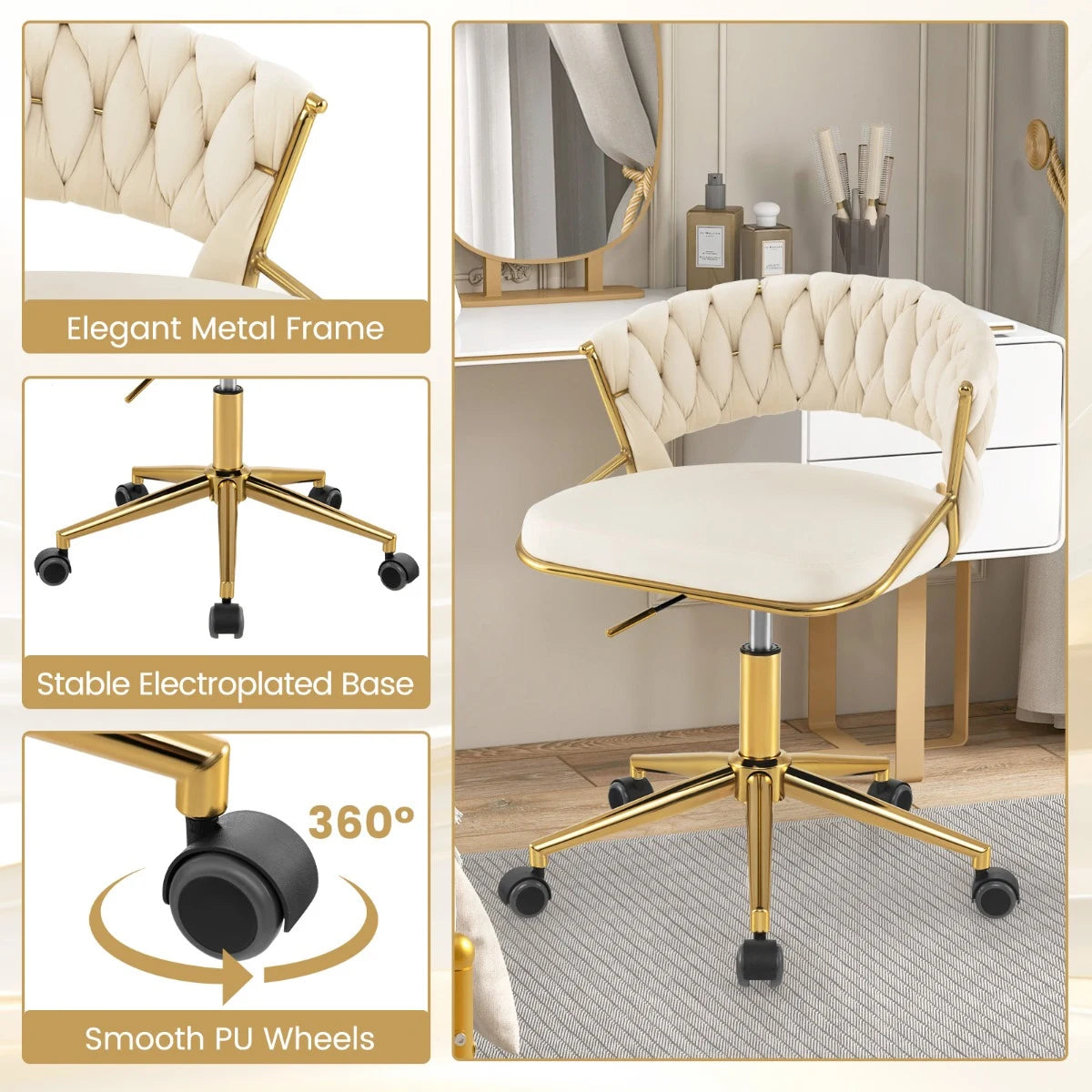 360 Height Adjustable Swivel Upholstered Desk Computer Chair with Hand-woven Back-Beige
