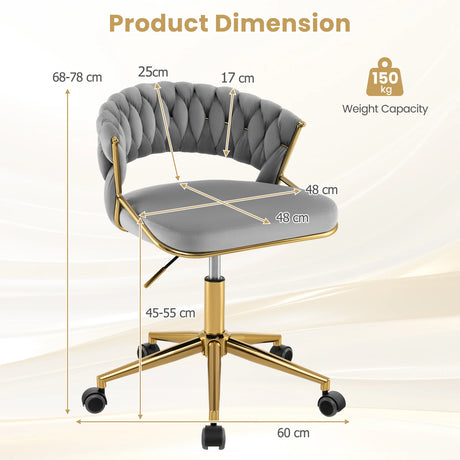 360 Height Adjustable Swivel Upholstered Desk Computer Chair with Hand-woven Back-Gray