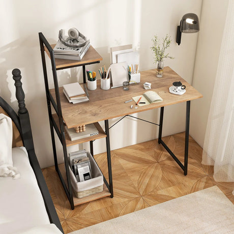 Home Office Desk with Bookshelf and Host Stand-Natural