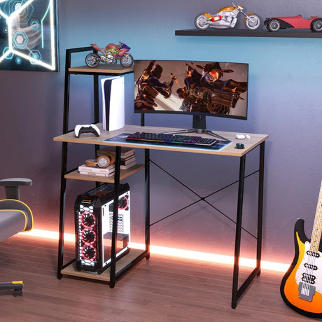 Home Office Desk with Bookshelf and Host Stand-Natural