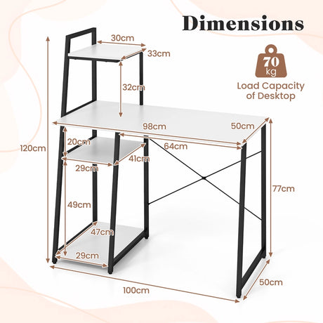 Compact Computer Desk Workstation with 4 Tier Shelves for Home and Office-White