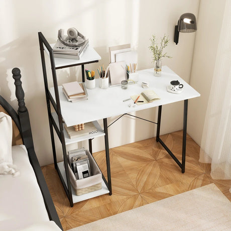 Compact Computer Desk Workstation with 4 Tier Shelves for Home and Office-White