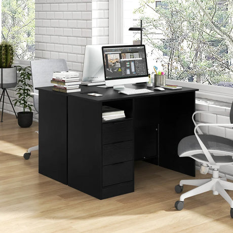 Home Office Desk with Power Outlet and 3 Storage Drawers-Black