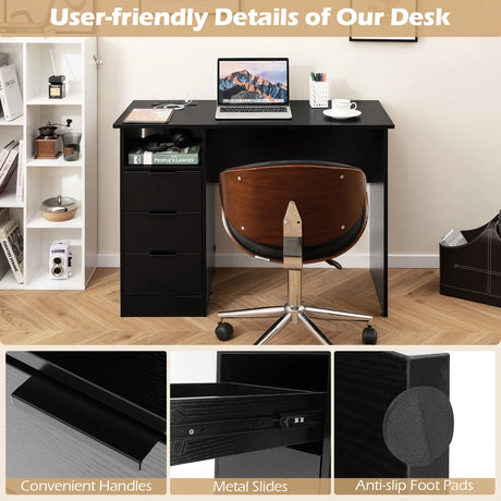 Home Office Desk with Power Outlet and 3 Storage Drawers-Black