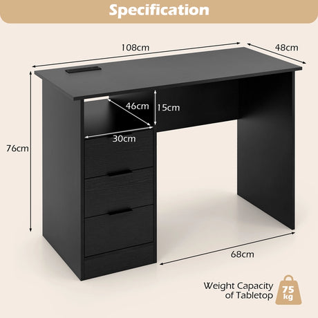 Home Office Desk with Power Outlet and 3 Storage Drawers-Black