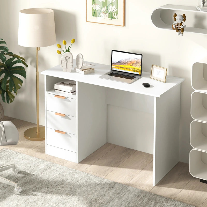 Home Office Desk with Power Outlet and 3 Storage Drawers-White