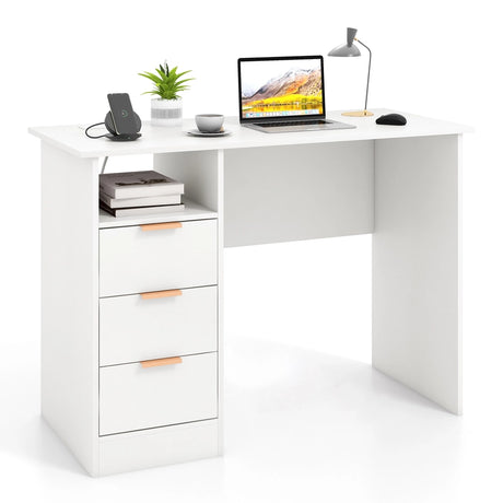 Home Office Desk with Power Outlet and 3 Storage Drawers-White