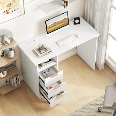 Home Office Desk with Power Outlet and 3 Storage Drawers-White