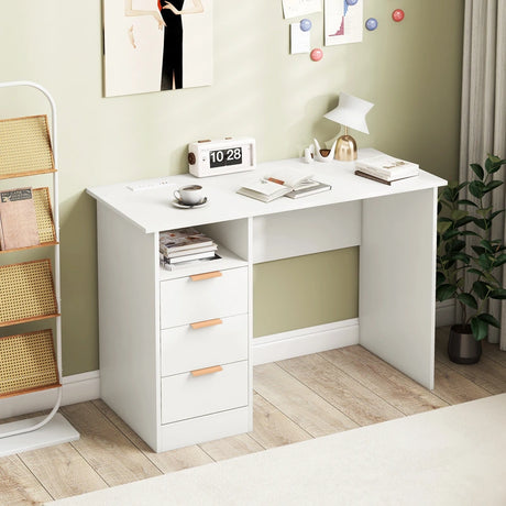 Home Office Desk with Power Outlet and 3 Storage Drawers-White