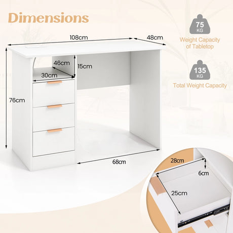 Home Office Desk with Power Outlet and 3 Storage Drawers-White