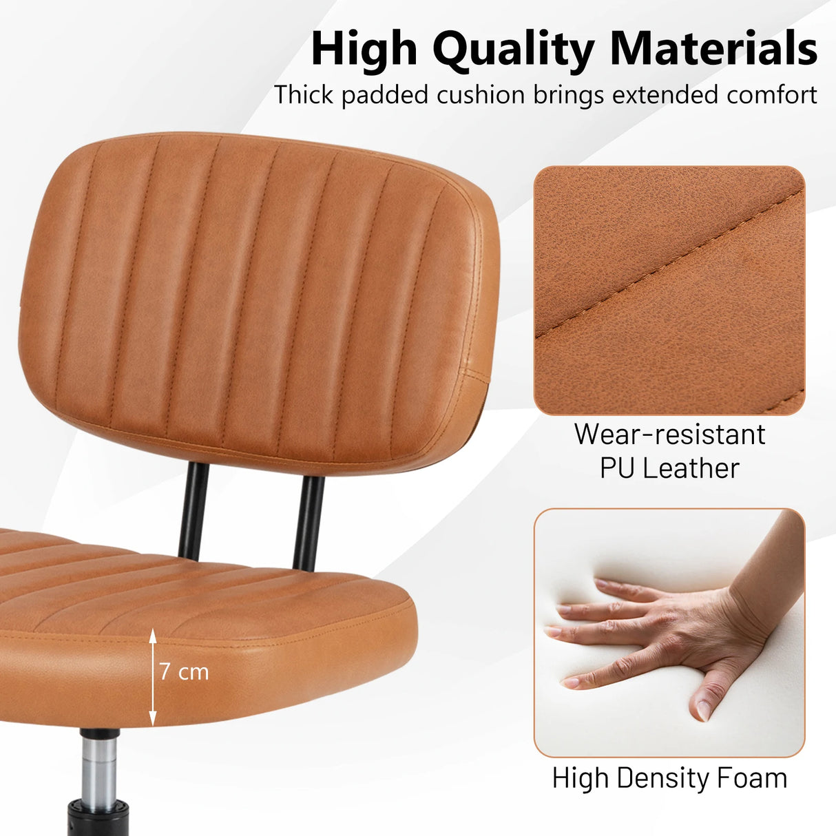 Home Office Small Armless Desk Chair with Wheels and Lumbar Support-Brown