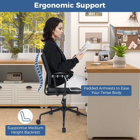 Home Office Small Desk Chair with Adjustable Height Wheels-Black