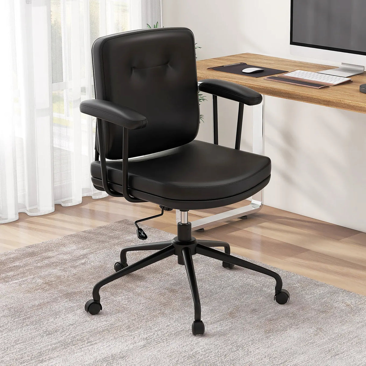 Home Office Small Desk Chair with Adjustable Height Wheels-Dark Brown