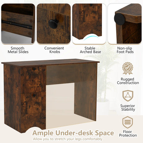 Home Office Writing Desk with 2 Drawers-Rustic Brown