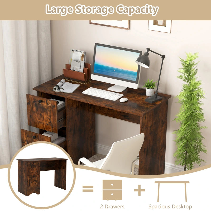 Home Office Writing Desk with 2 Drawers-Rustic Brown