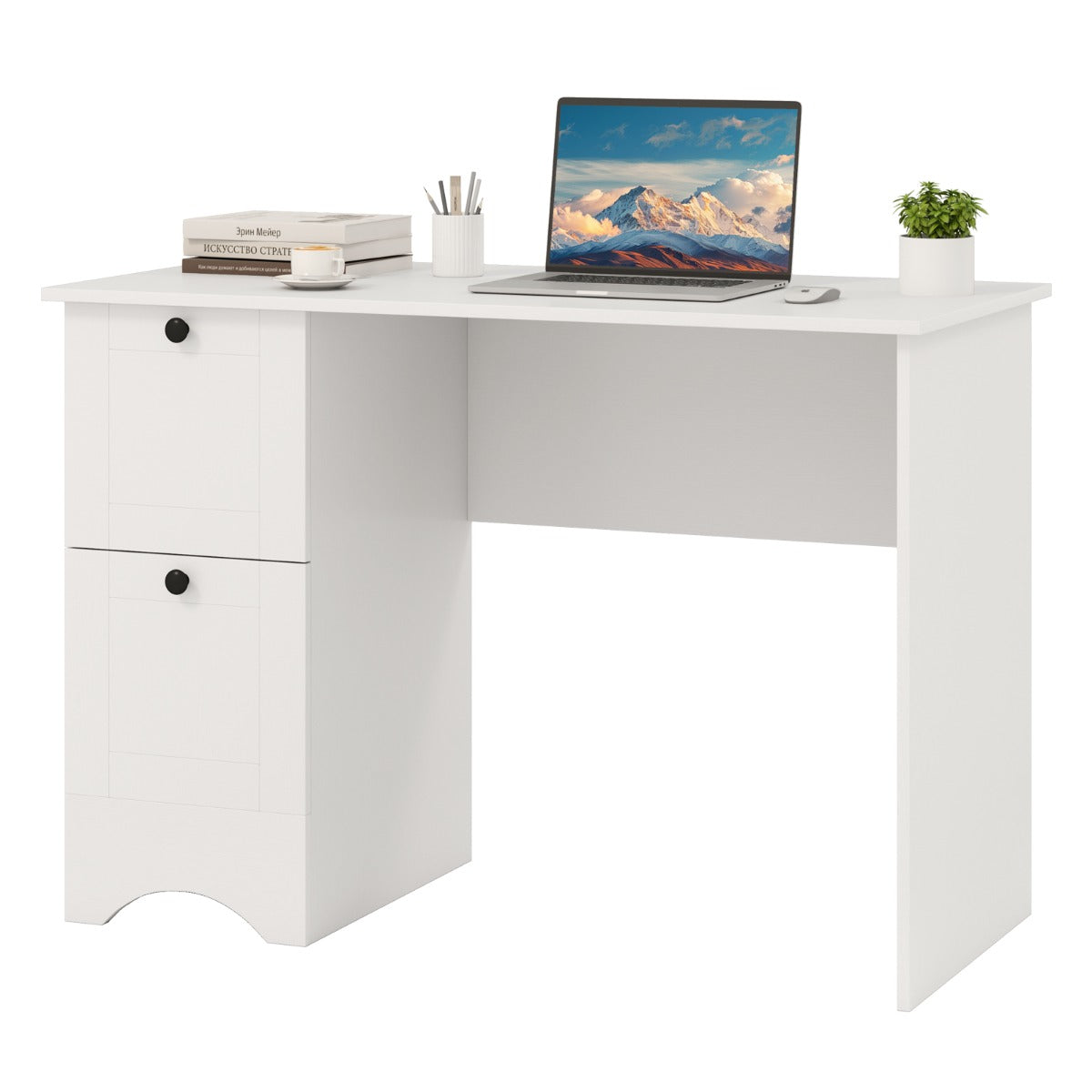 Computer Desk with 2 Drawers Compact Laptop Study Desk Multifunctional Workstation White