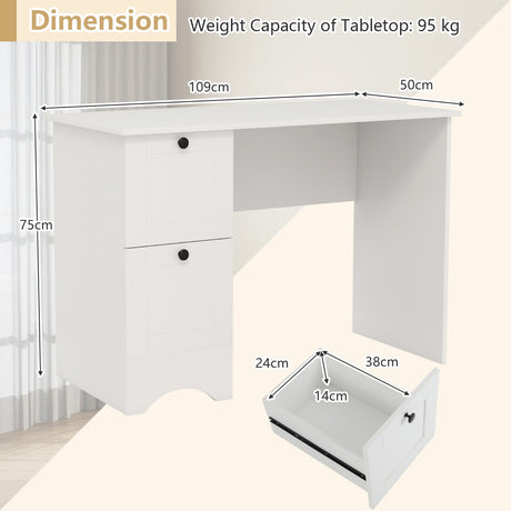 Computer Desk with 2 Drawers Compact Laptop Study Desk Multifunctional Workstation White