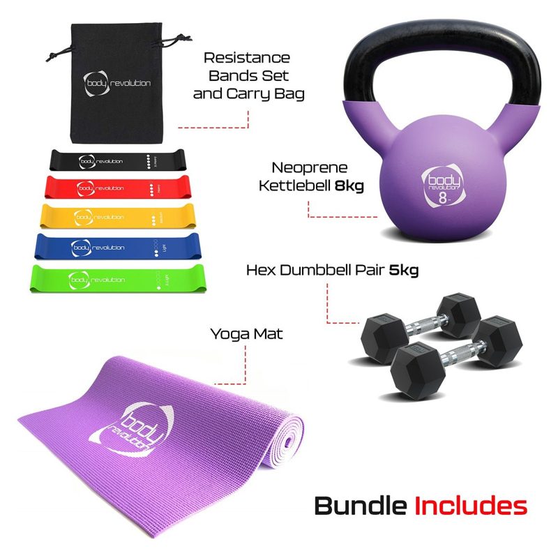 Body Revolution Complete Home Workout Set – Hex Dumbbells, Neoprene Kettlebell, Resistance Bands, and Cushioned Yoga Mat  3kg Dumbbell 6kg Kettlebell Mat Resistance Bands