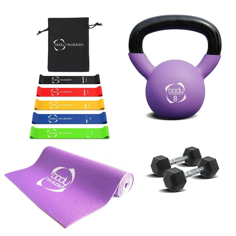 Body Revolution Complete Home Workout Set – Hex Dumbbells, Neoprene Kettlebell, Resistance Bands, and Cushioned Yoga Mat  8kg Dumbbell 12kg Kettlebell Mat Resistance Bands