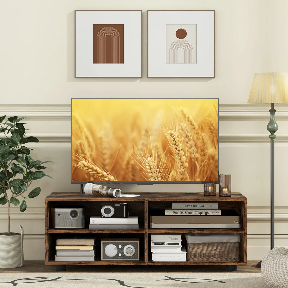 Home TV Stand with 5 Positions Adjustable Shelves for TV up to 4 Cubbies-Rustic Brown