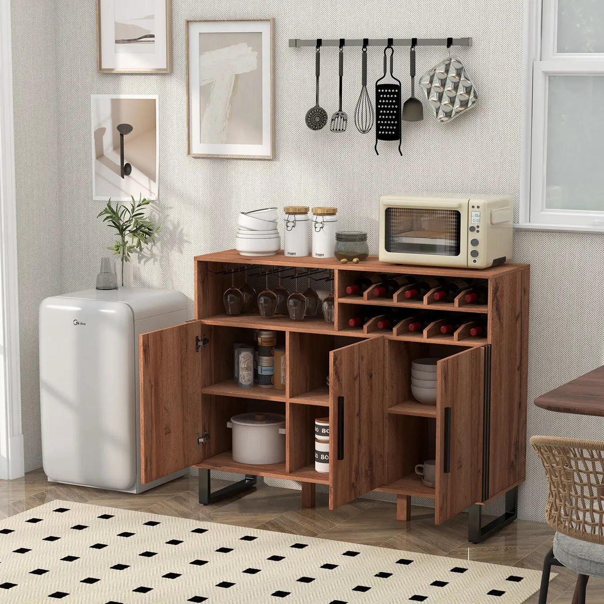 Home Wine Bar Cabinet with 3 Doors and Adjustable Shelves-Brown