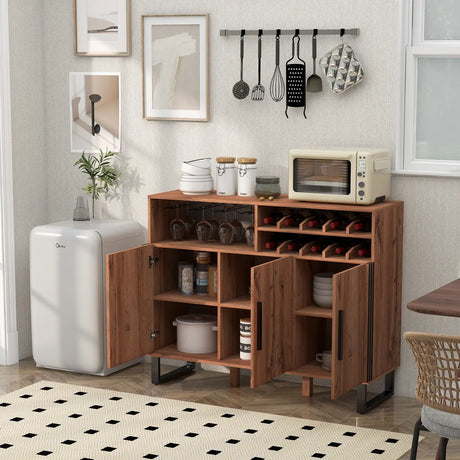 Home Wine Bar Cabinet with 3 Doors and Adjustable Shelves-Brown