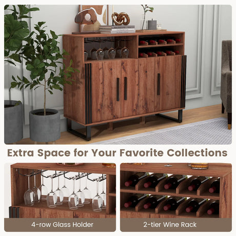 Home Wine Bar Cabinet with 3 Doors and Adjustable Shelves-Brown