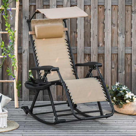 Outsunny Garden Rocking Chair Folding Recliner Outdoor Adjustable Sun Lounger Rocker Zero-Gravity Seat with Headrest Side Holder Patio Deck - Beige