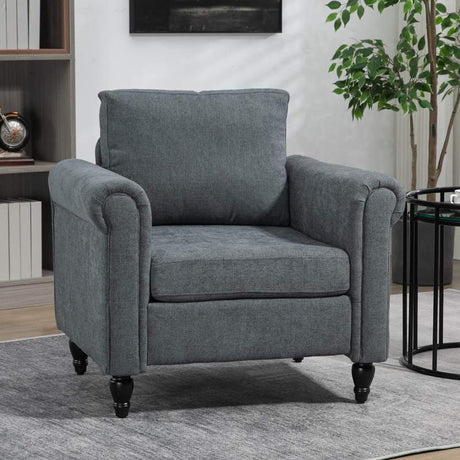 HOMCOM Vintage Accent Chair, Upholstered Occasional Chair with Back Pillow, Rolled Arms,  Rubber Wood Legs, Grey