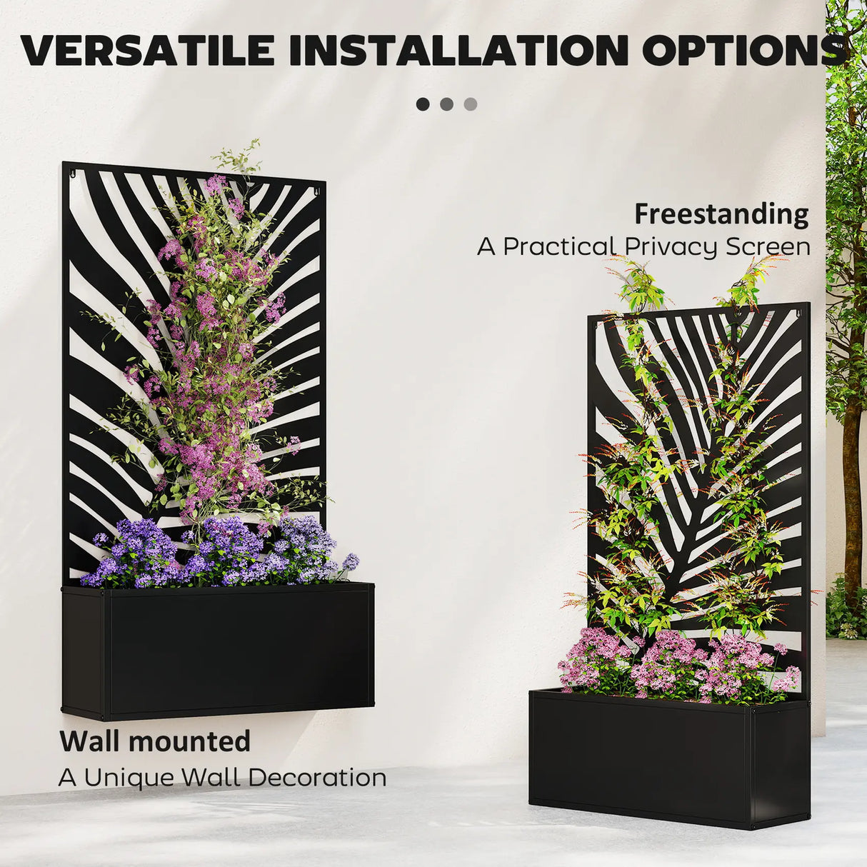 Outsunny Metal Garden Bed for Garden with Trellis, Wall Mounted or Freestanding Raised Planter with Privacy Screen