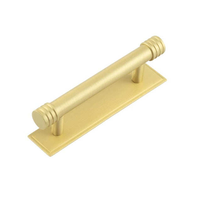 Hoxton Sturt Cabinet Handles 96mm Ctrs Stepped Backplate Satin Brass