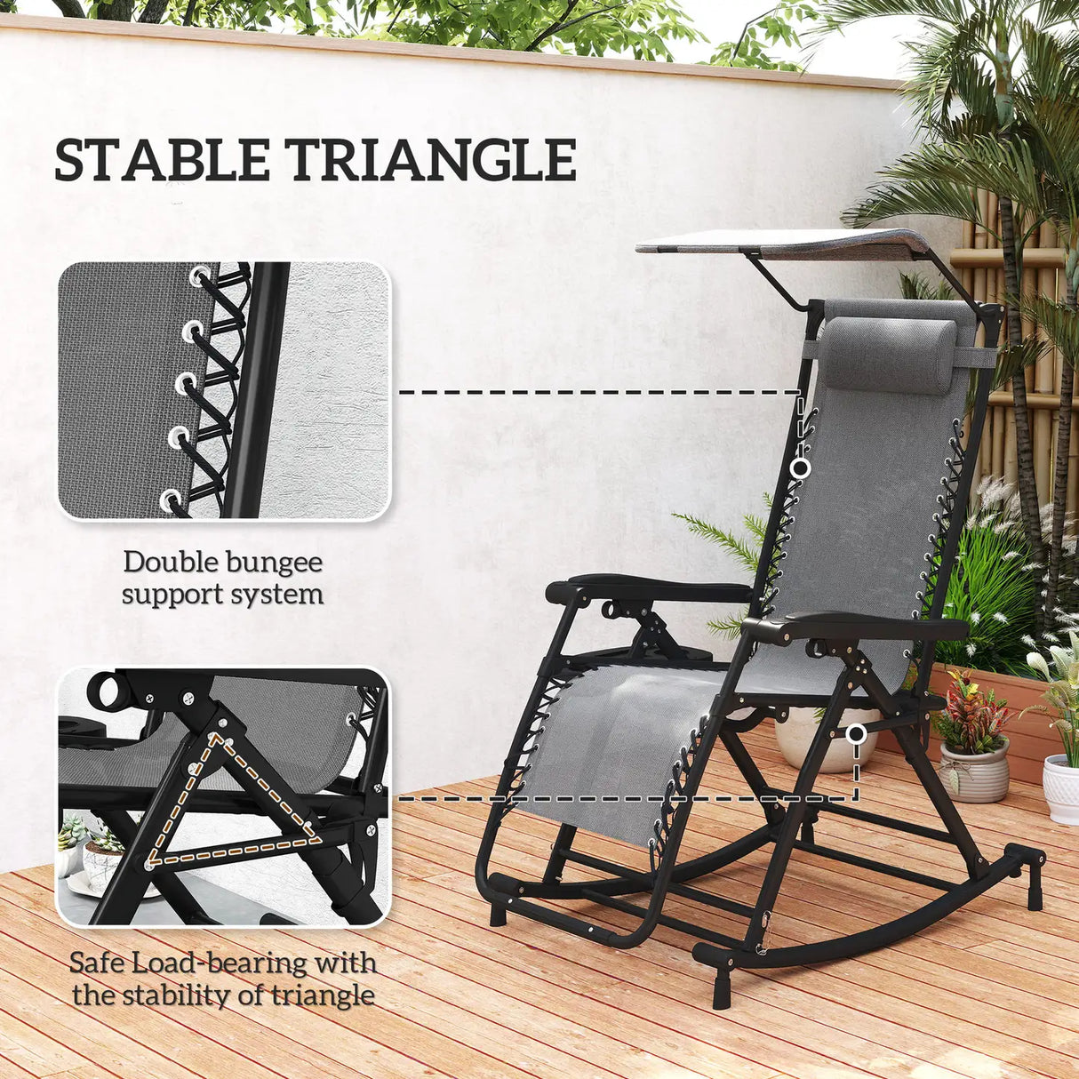 Outsunny Garden Rocking Chair Folding Recliner Outdoor Adjustable Sun Lounger Rocker Zero-Gravity Seat with Headrest Side Holder Patio Deck - Grey