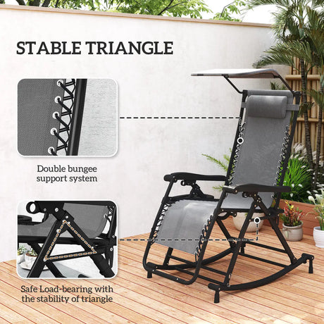 Outsunny Garden Rocking Chair Folding Recliner Outdoor Adjustable Sun Lounger Rocker Zero-Gravity Seat with Headrest Side Holder Patio Deck - Grey