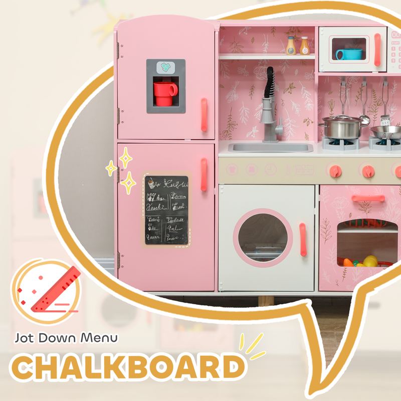 AIYAPLAY Play Kitchen, Kids Kitchen Set with Lights and Sounds, Double Stoves, Ice Maker, Chalkboard for 3+ Years - Pink