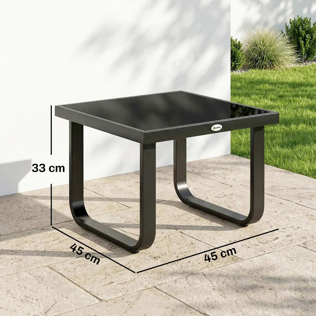 Outsunny Outdoor Garden Coffee Table, Rectangle Metal Side Table with Tempered Glass Tabletop, Adjustable Foot Pads