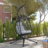 Outsunny Outdoor PE Rattan Swing Chair with Foldable Basket and Cushion, Garden Patio Hanging Egg Chair with Metal Stand, Headrest for Indoor and Outdoor, Black